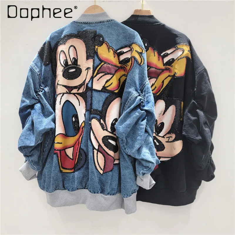 

European Trendy Brand Cartoon Baseball Jacket Women's Spring and Autumn Loose Design Versatile Printed Jacket Top Coat Women