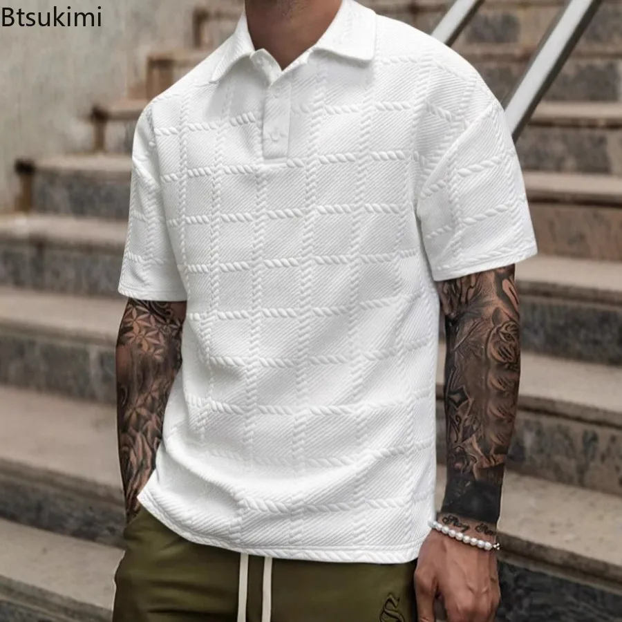 2026 New Men's Trendy Jacquard Small Check Pattern Short Sleeve T-Shirt Summer Casual Lapel Shirt Comfortable Breathable Garment