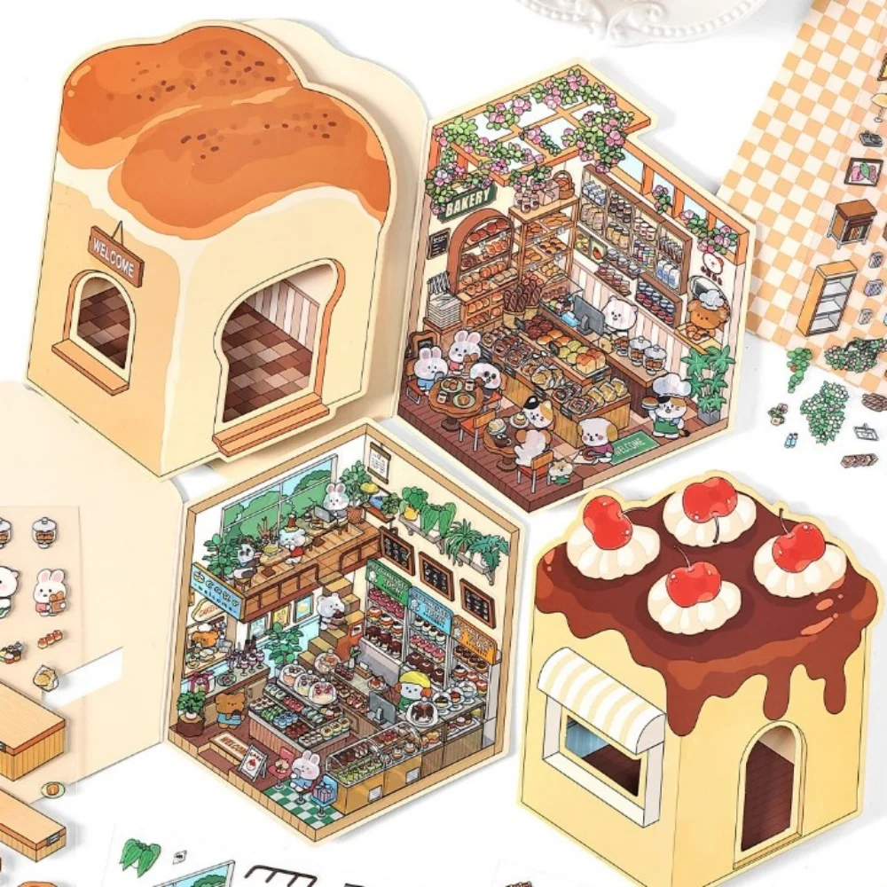 Cartoon DIY Miniature Scene Sticker Sushi Dessert Shop 3D Landscape Stickers Visual Stacking Stickers Gift For Child Student
