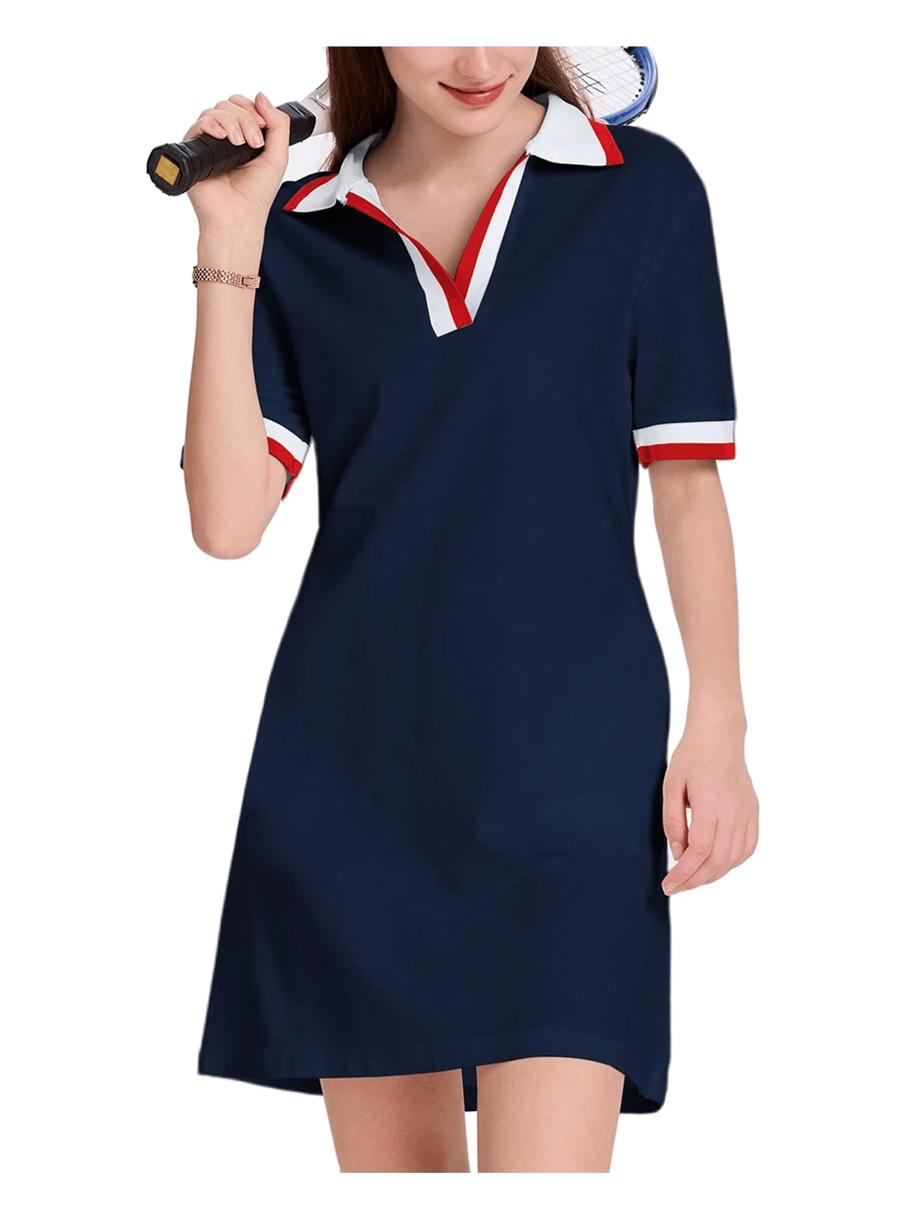 

Женское платье с V-образным вырезом и короткими рукавами, повседневное мини-платье А-силуэта с контрастными цветами для тенниса и гольфа