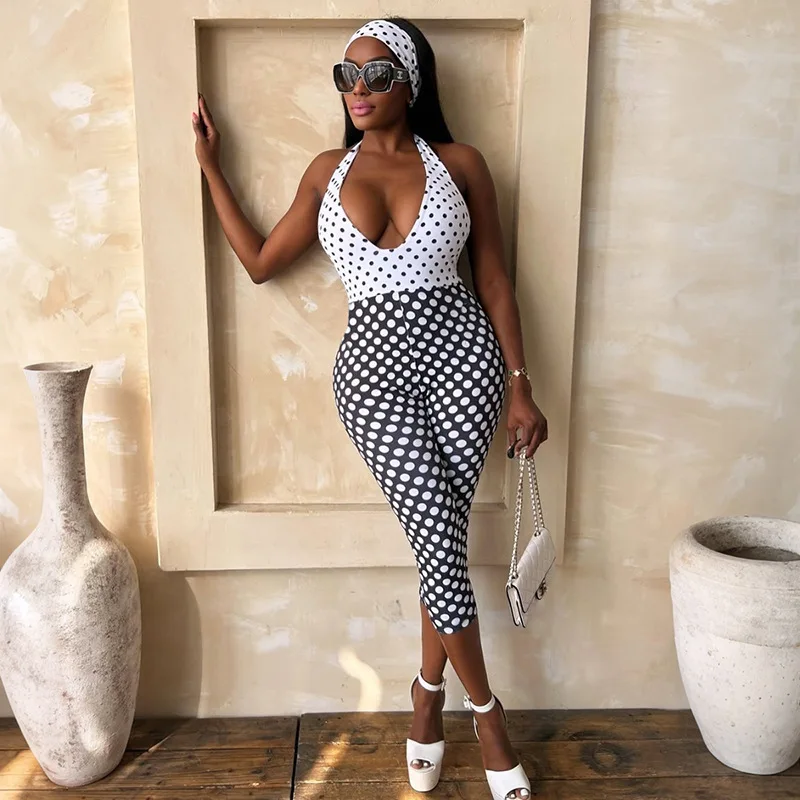 

Polka Dot Halter Jumpsuit for Women Deep V Neck Sleeveless Capri Rompers Matching Headband Set Sexy Clubwear for Night Out Party
