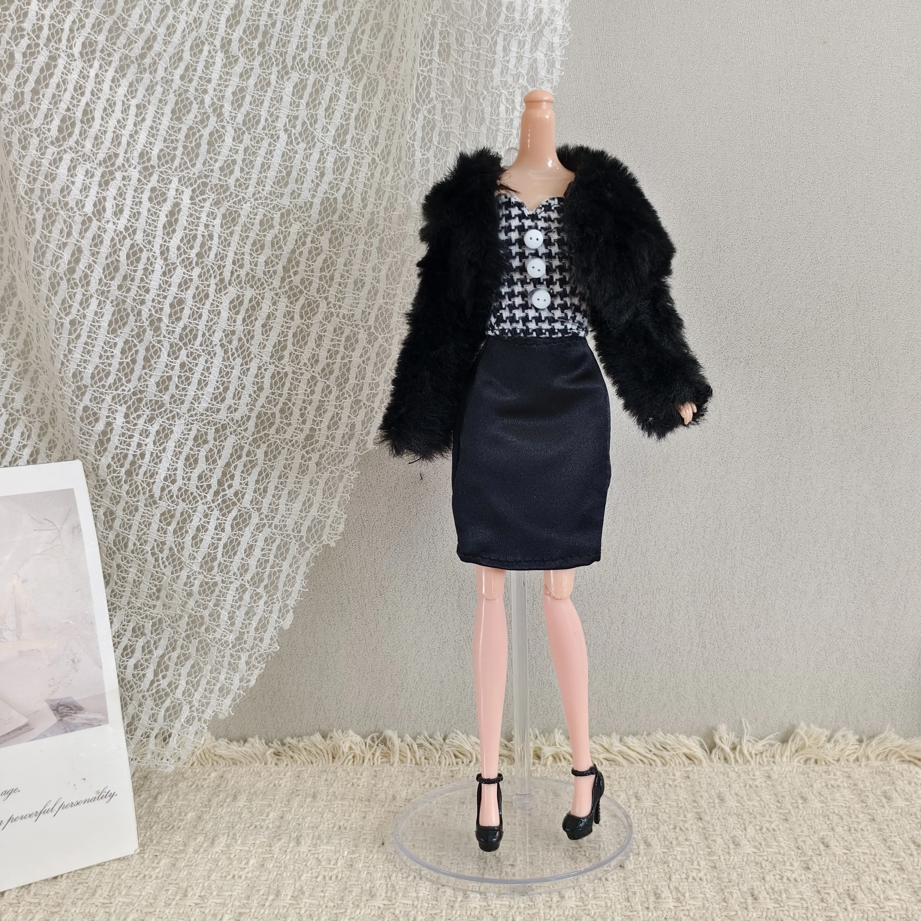 1/6 Clothes Accessories Premium Black Fur Coat +  Houndstooth Vest + Half Skirt + High Heels For 30cm FR Babi Supermodel Doll