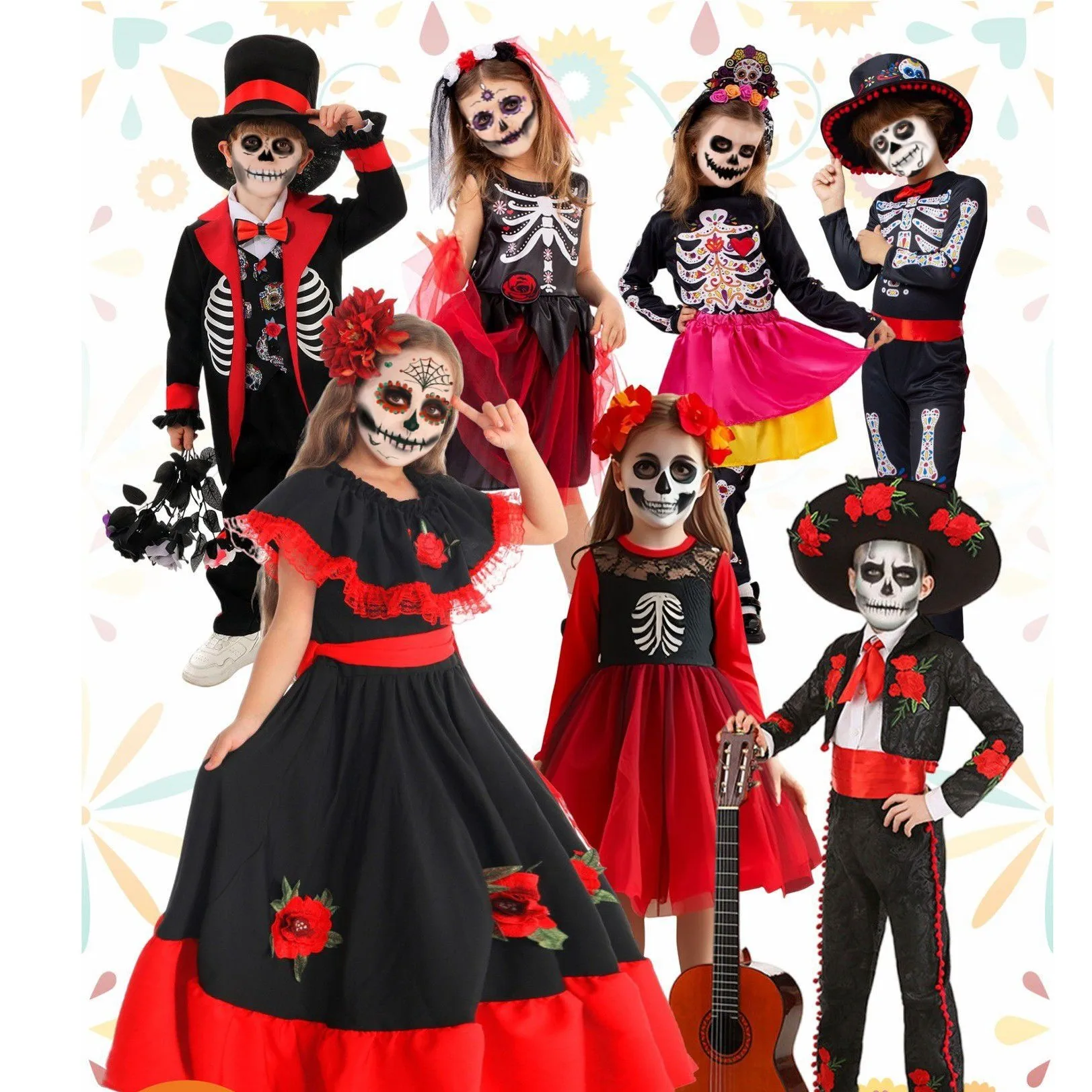 Disfraz de Halloween para niños, Día de los muertos, chaqueta Mariachi con sombrero Charro, disfraces de esqueleto de Halloween para niño y niña, vestido de fiesta