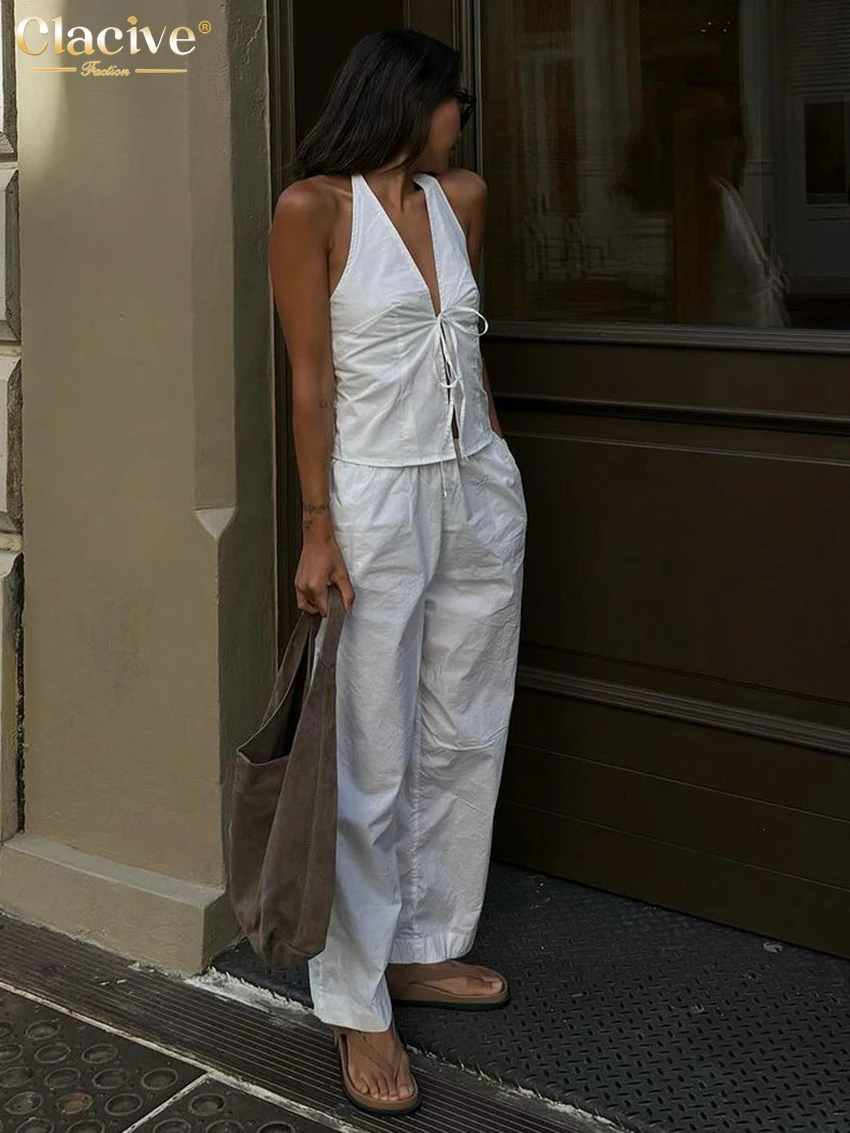 

Clacive Summer Slim White Cotton 2 Piece Set Woman Outfit 2025 Fashion Sleeveless Tank Top With High Waist Wide Pants Set Female