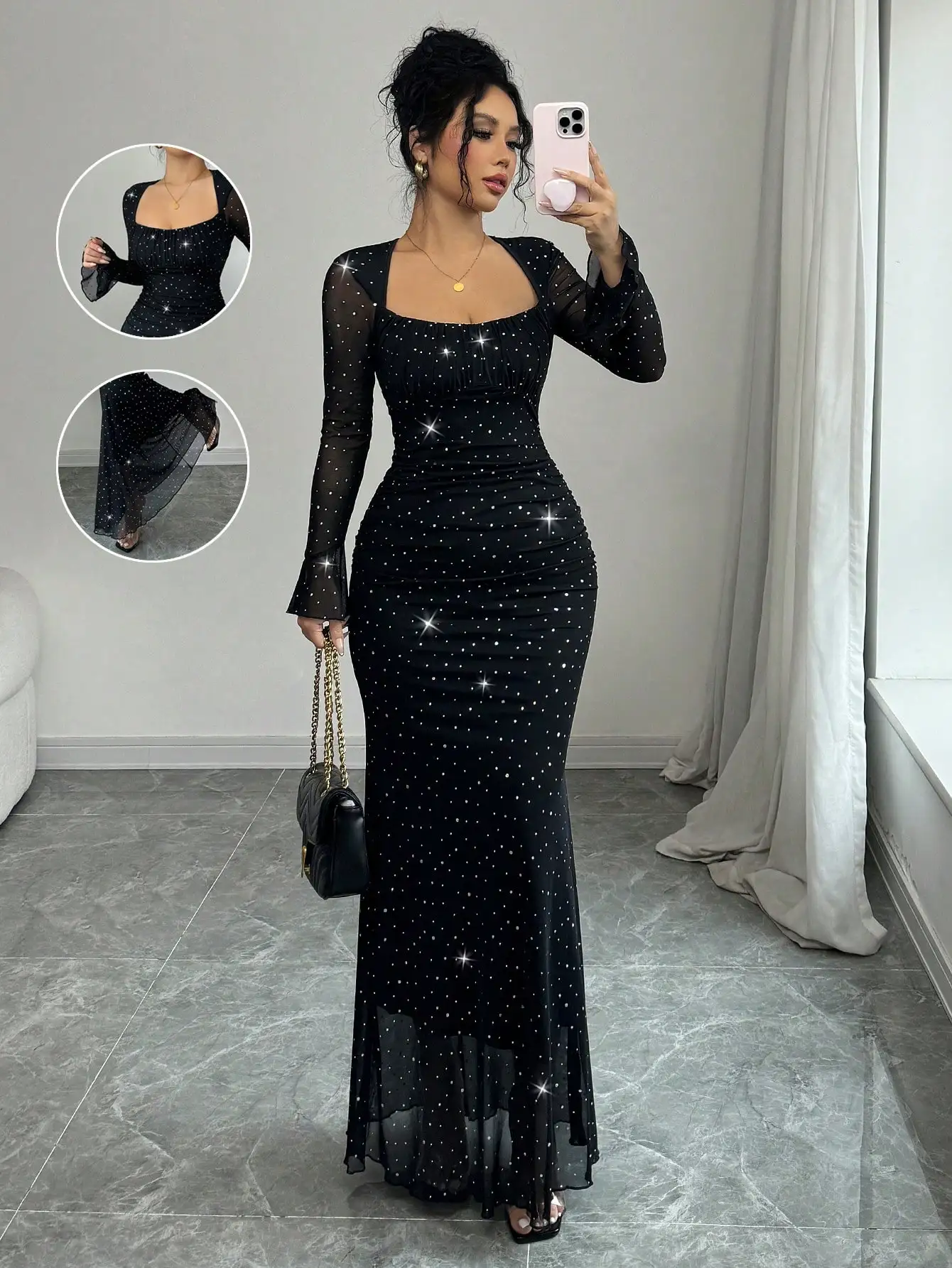 

Black Sparkle Mesh Long Sleeve Bodycon Maxi Dress with Square Neck and Flare Cuffs