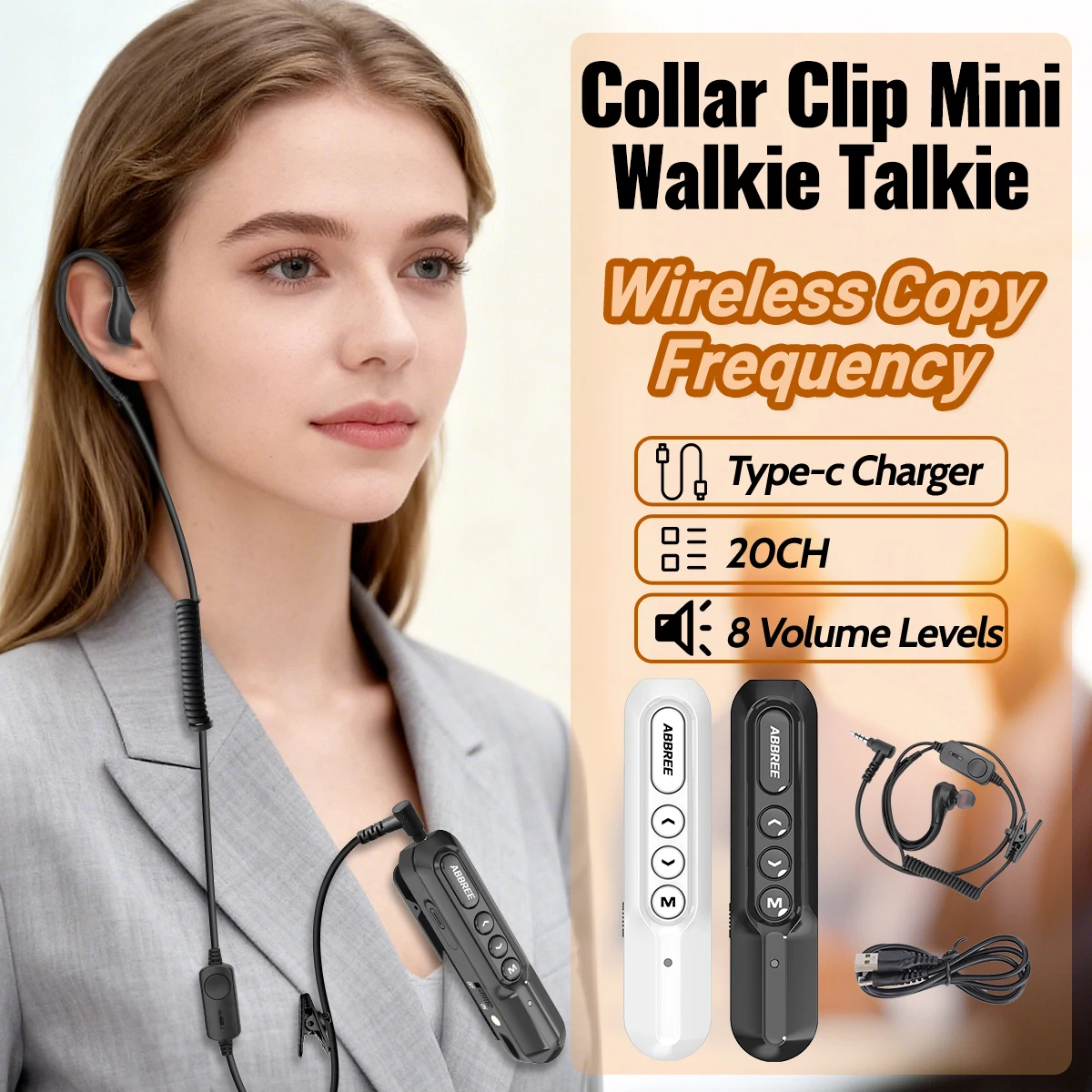 ABBREE AR-W5 Collar Clip Mini Walkie Talkie Wireless Copy Frequency UHF Handsfree Type-C Two Way Radio Communication For Hiking