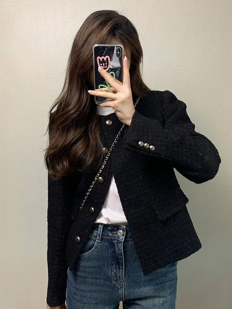 

Women's Black French Style Tweed Jacket Spring Autumn Casual Coat Elegant Versatile Retro Style Outerwear Chic