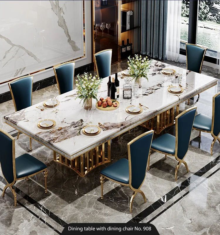 

Modern Marble Top Dining Table Set for 8 With Stainless Steel Base Nordic Style