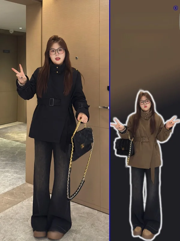 

Slimming Effect Korean Sle Stand Collar Belted Waist Outerwear for Women plus Size Spring Autumn Faionable Versatile Coat