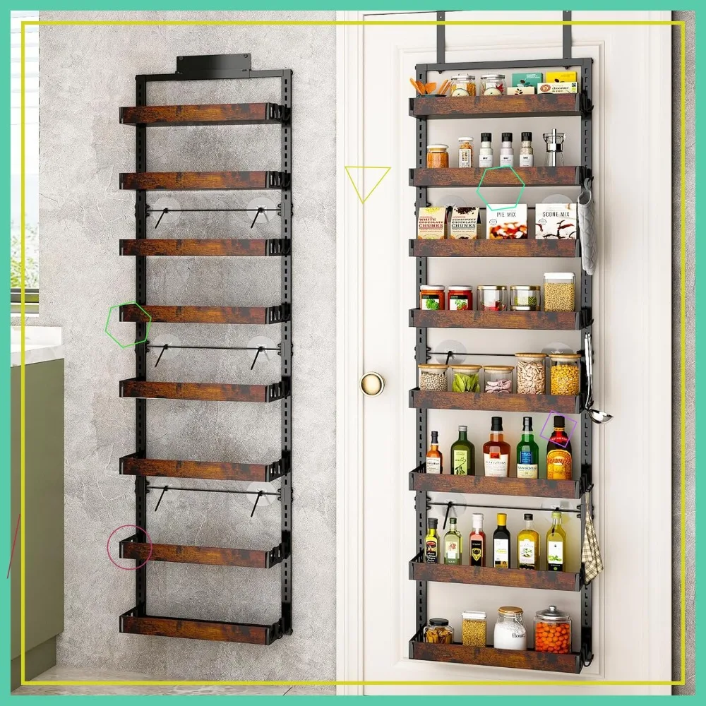 

8-Tier Adjustable Wooden Basket Pantry Organizer, Wall Mount or Hanging Heavy-Duty Metal Kitchen Spice Rack