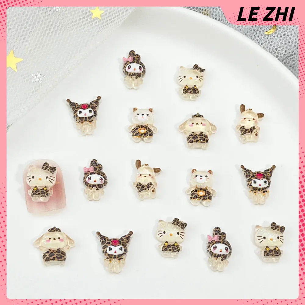 20Pcs Leopard Print Pattern Sanrio Hello Kitty Cartoon Nail Accessories Diy Nail Making Cute Mini Resin Nail Art Decoreation