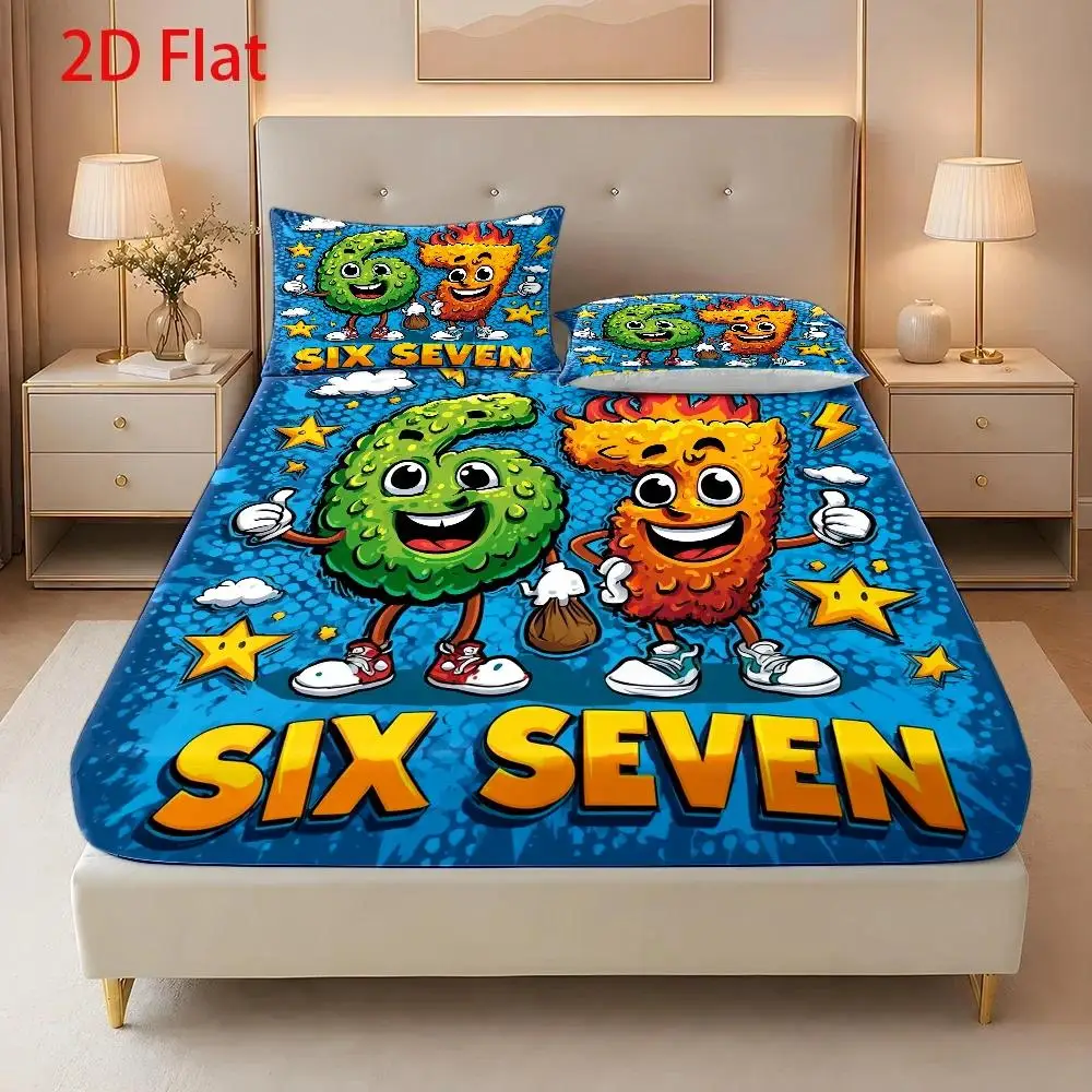 Mattress Protector 2D Flat Printed Fitted Sheet 3-Piece Set of Flat Printed Fitted Sheets with Cartoon Numbers 6 and 7, Hand-Painted Style, Autumn, Festive Fitted Sheet and Pillowcase Set, Mattress Protector, Stain-Resistant, Mattress Cover, Suitable for All Seasons, Machine Washable, Easy to Care For, Suitable for Home Bedroom, Essential for Dormitory Rentals, Master Bedroom and Guest Room Decoration, Dust-Proof and Stain-Resistant, High Elasticity, Fits Various Sizes