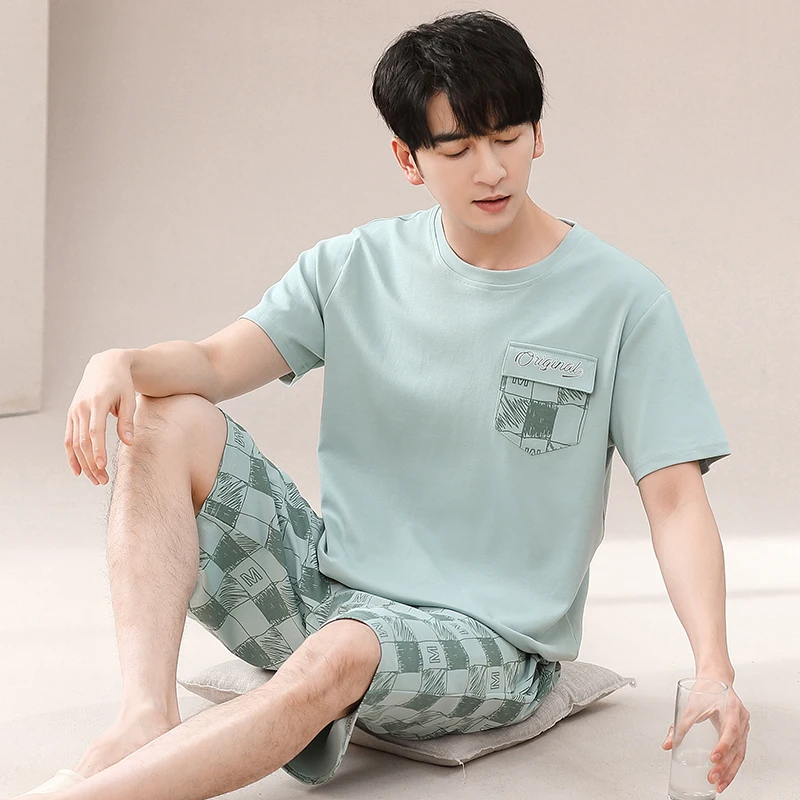 Summer Cotton Men Homewear Clothes Short Sleeve Round Neck Pajamas Set Casual Soft Loose L-3XL Mens Nightly Sleepwear