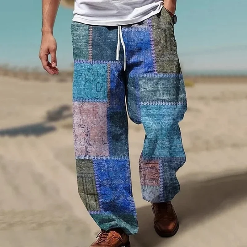 سراويل كاجوال مطبوعة ثلاثية الأبعاد على شكل نمر ريترو للرجال، سراويل مستقيمة برباط، سراويل شاطئ صيفية