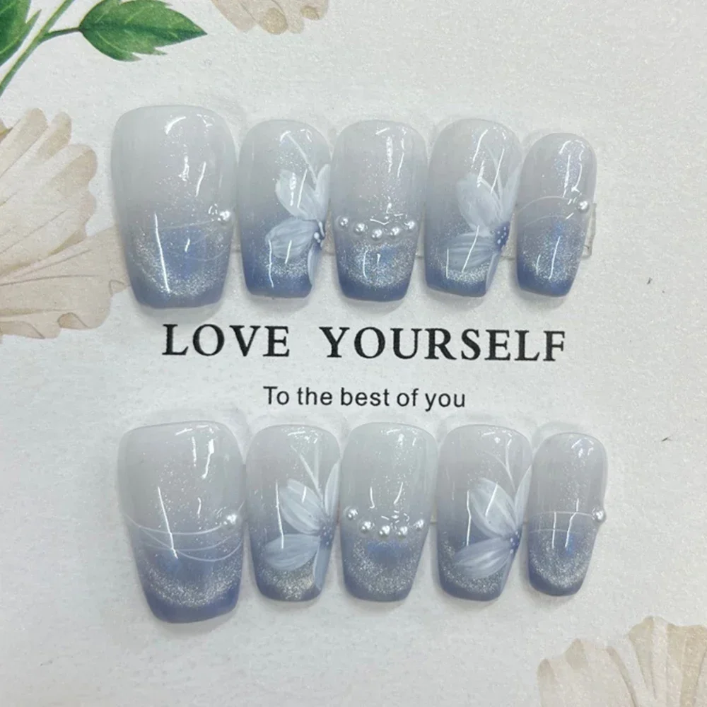 10Pcs Cute Short Square Oval Full Cover False Nails Hand-Painted Flower Gradients Cat Eyes Pearl Wearable Artificial False Nails