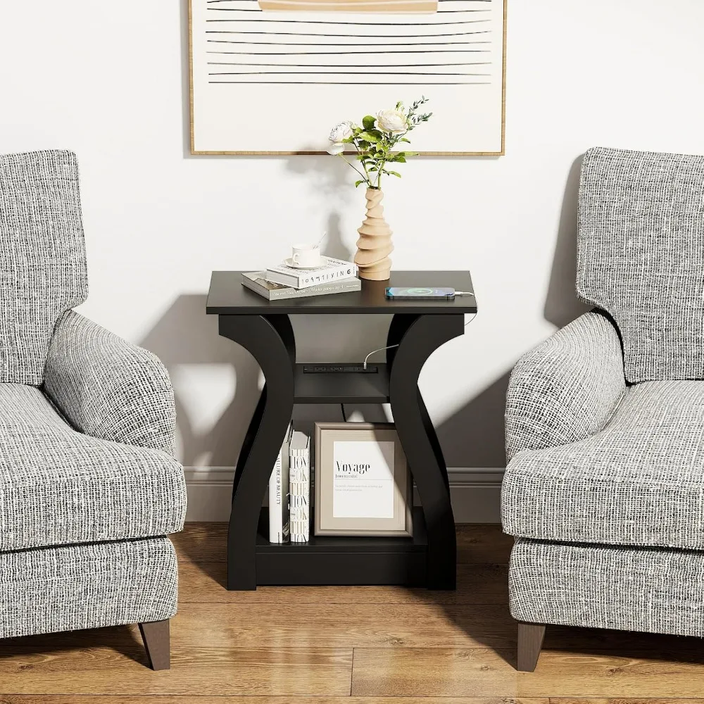 Table d'appoint de chargement à 3 niveaux avec ports et prises USB, table de chevet pour salon et chambre en noir