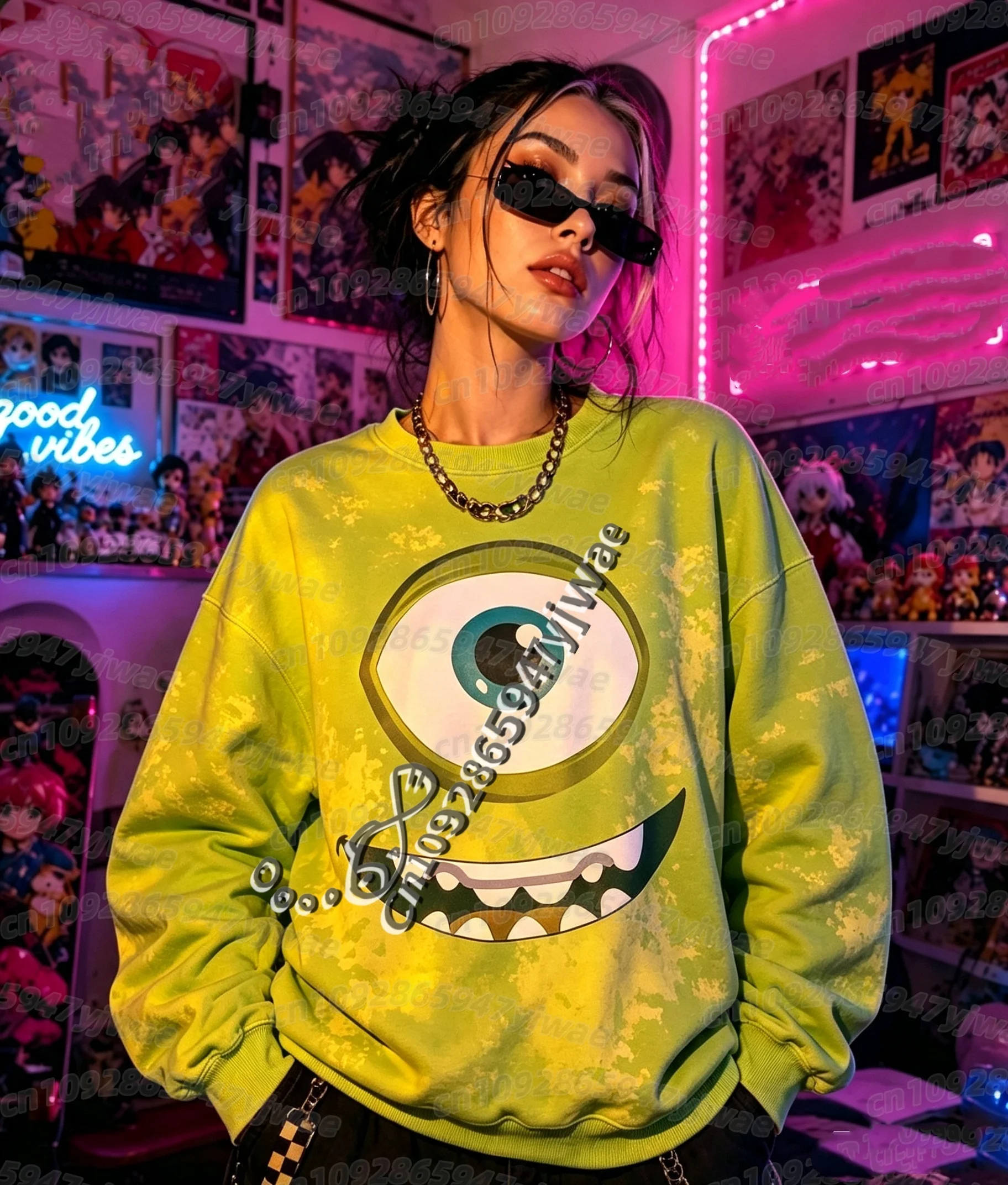26 Herbst-Winter Damen Lustiger Großaugen-Monster-Print Langarm Unisex Cartoon-Sweatshirt O-Ausschnitt Pullover Damen Hoodies – Detail 8