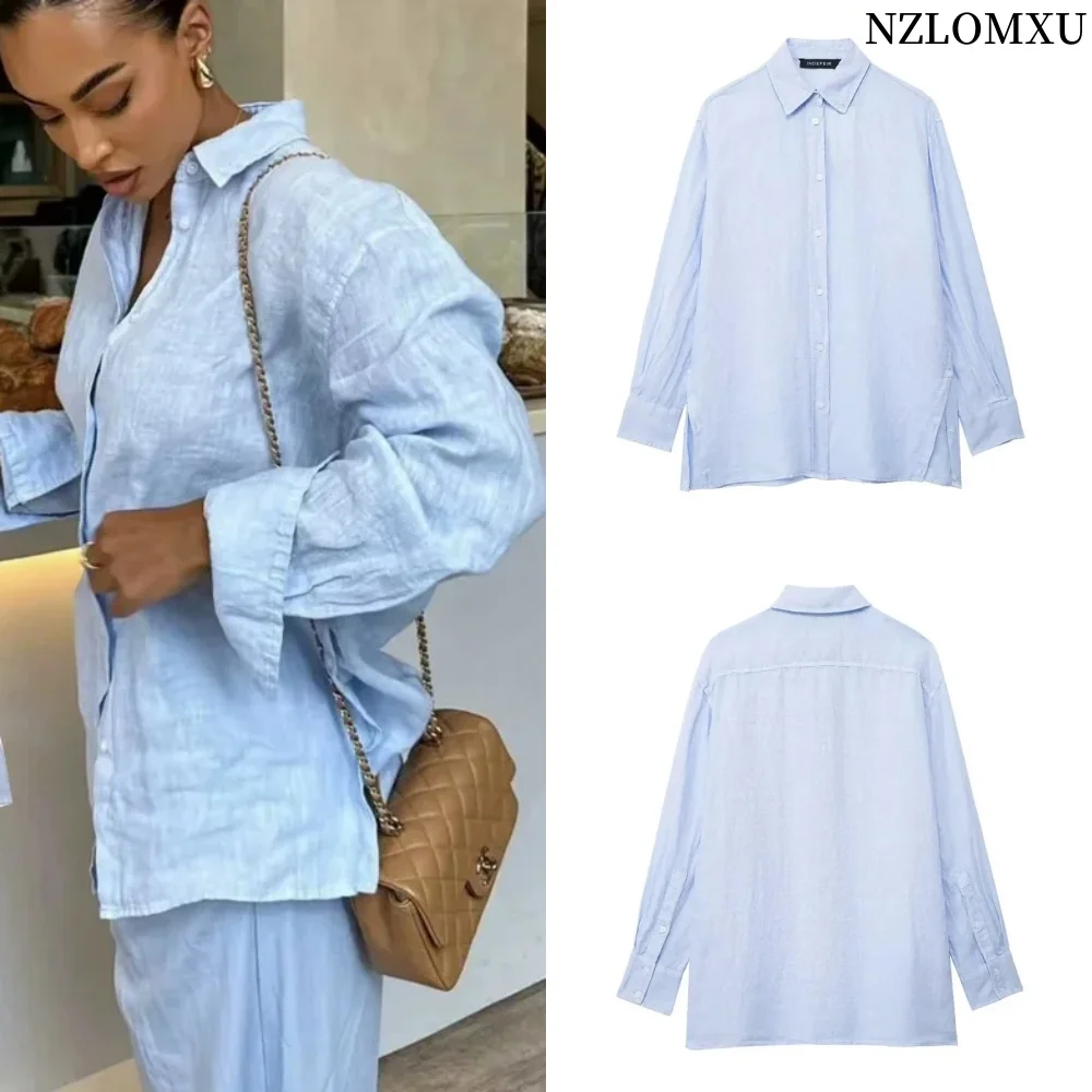 Blue Long Shirt Woman Collar Oversize Linen Shirt For Women Summer Pleated Long Sleeve Blouses Stylish Button Up Shirt