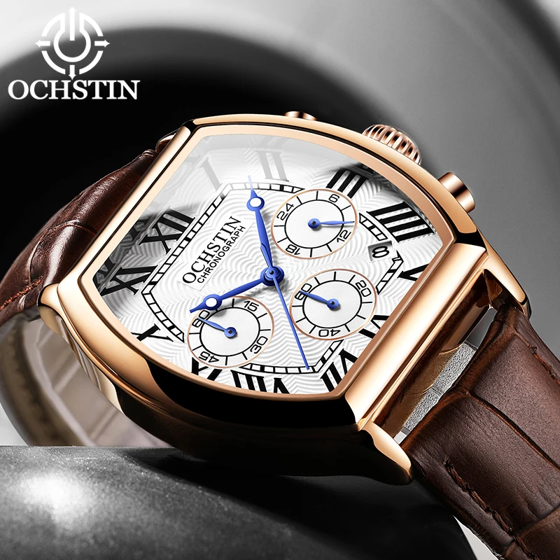 OCHSTIN Commander Series Man Rectangular Case Multifunctional Quartz Watch Men's Genuine Leather Strap Casual Outdoor Wear Wrist