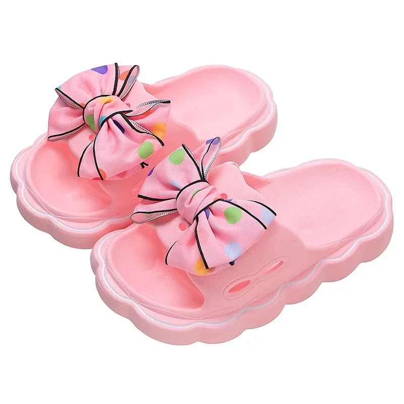 Children Slippers Girls Wearing Soft Soled Slippers Outside Cute Bow Anti Slip Bathroom Slippers Contrast Color Kid Slippers