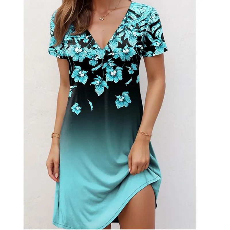 Retro Women Dress Fashion Personality Ethnic Style Floral Print Dress Big Size 3XL Women Summer Casual Short Sleeve V-Neck Dress