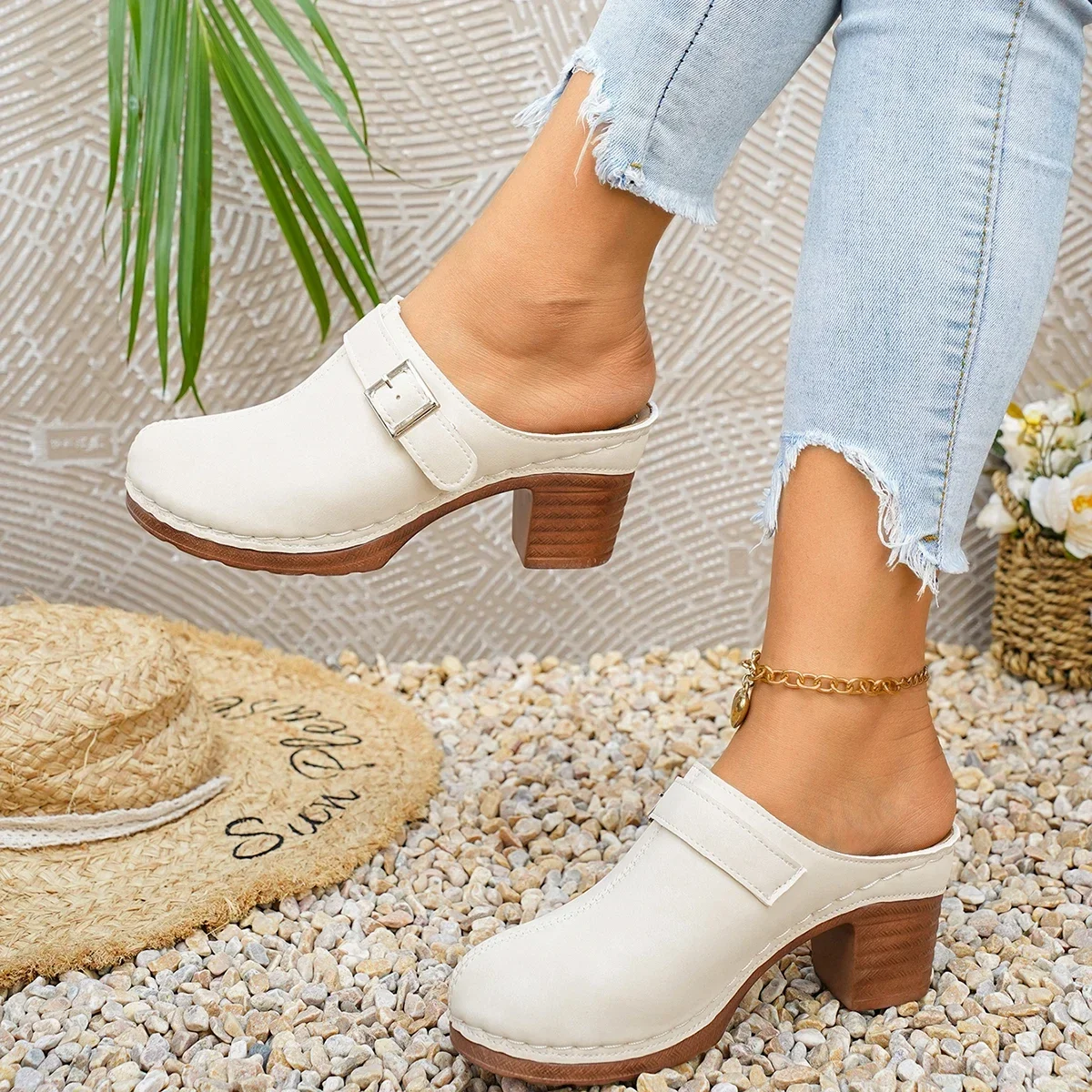 Damen Mules Pantoletten mit hohem Blockabsatz, geschlossene Zehenpartie, zum Hineinschlüpfen, Vintage, Sommer, lässig, bequeme Gehschuhe, Größe 36-43 – Detail 24
