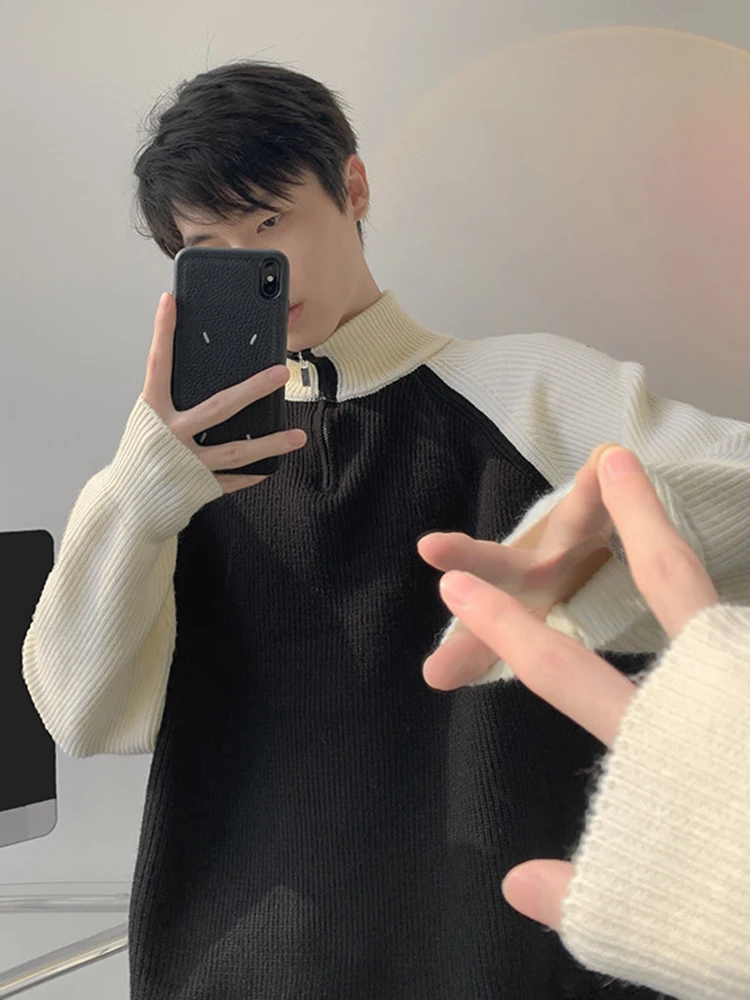 

Мужской вязаный свитер свободного кроя с воротником-стойкой на молнии, с контрастными вставками на плечах, зимний, повседневный, комфортный, с длинными рукавами