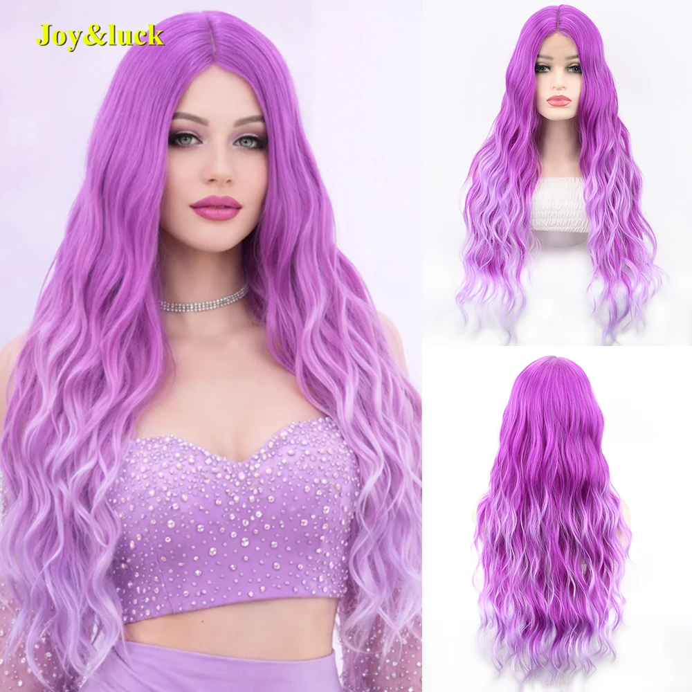 28 Inch Gradient Purple Long Wavy Wig Colorful Synthetic Wig Simulated Scalp for Women Daily Wear Party Cosplay