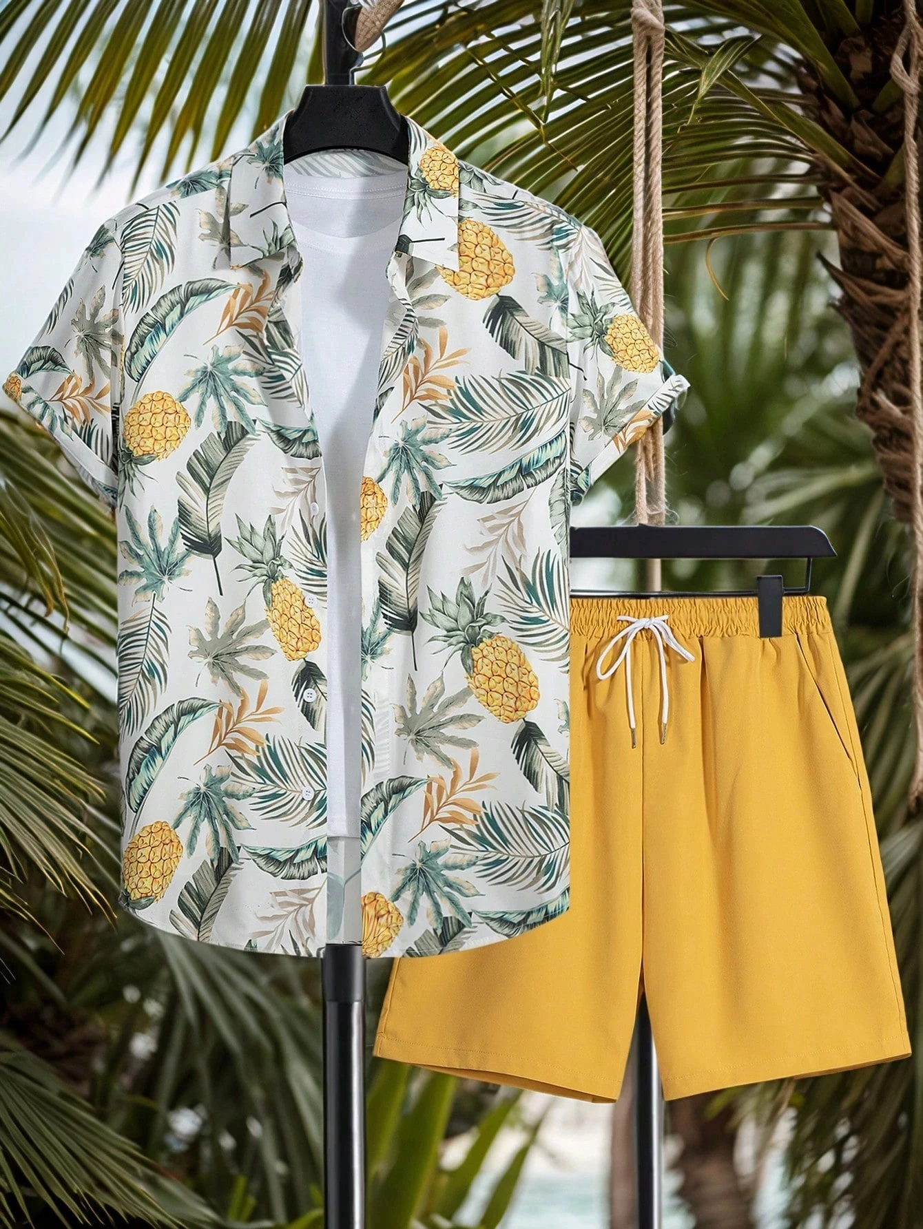Ensemble chemise et short à imprimé plage hawaïen d'été, design simple et confortable à col boutonné, ensemble deux pièces pour homme