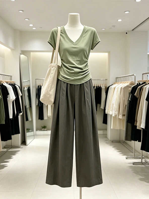 

plus Size Women's Summer New V-neck Short Sleeve Waist-cinched Casual Pants Two-piece Set High Waist Long Pants Commute Style
