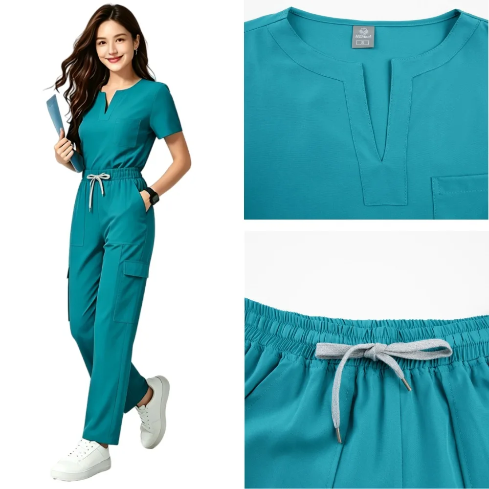 

Medical Nursing One-piece Hand Washing Suit Men Women Short Sleeved V-neck Elastic Multi Pocket SPA Beauty Salon Work Clothes