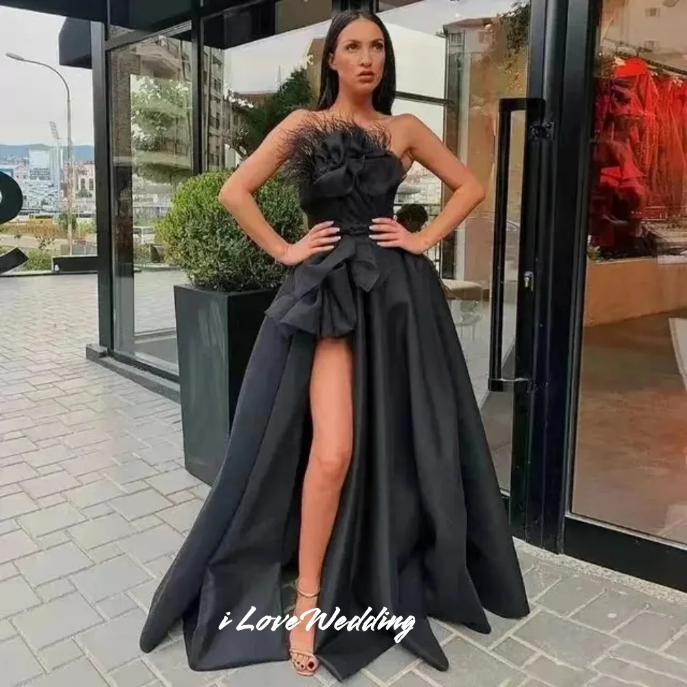 

Black Strapless Prom Dresses 2025 Sleeveless Flower Feather Backless A-Line Split Floor-Length Pleated Party Dresses Customized