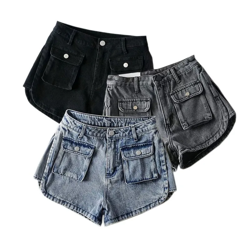 Women\'s Denim Shorts Workwear Style Summer New Ins Loose Slimming Wide Leg A-line Pants Pocket Denim Hot Pants