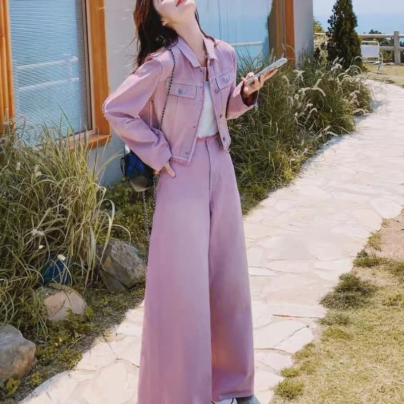 

Retro pink fashion denim two-piece set 2026 spring new laple collar single breasted denim jacket+high waist wide leg pants