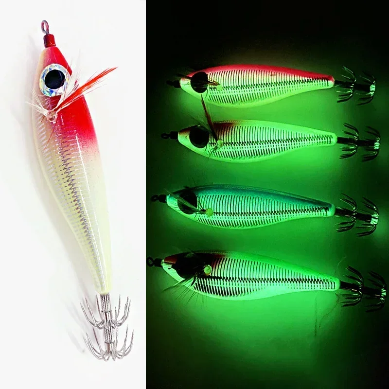 New 100mm 10g Artificial Fishing Lures Squid Hook Jigs Noctilucent Squid Cuttlefish Jigs Bait Spinner Bait Sea Fish Wood Shrimps