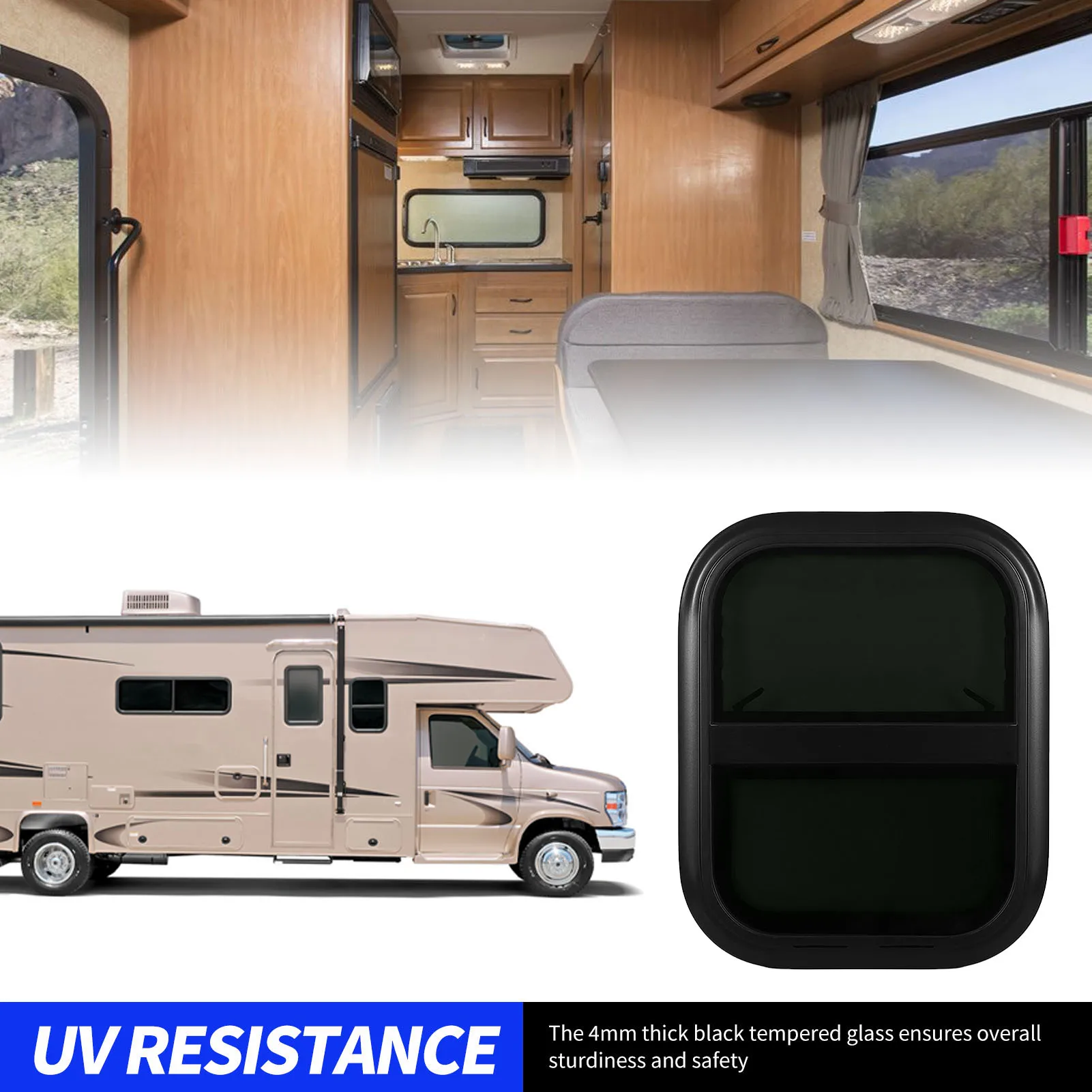 RV Sliding Windows with Screen 440mm H 390mm W Tinted Tempering Glass Waterproof for Motorhome Trailer Camper Window