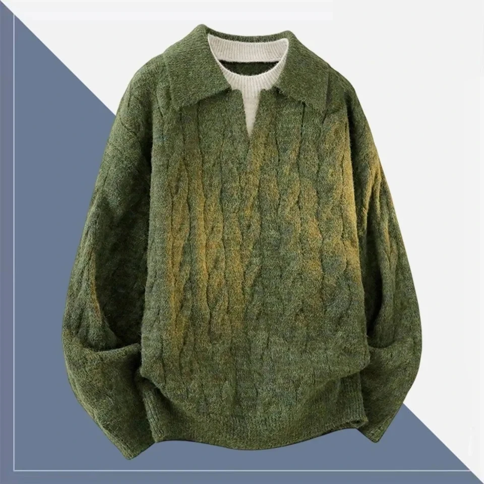 

2025 Autumn Winter New Retro Two Piece Turn Down Collar Sweater Men Loose White Inner Layer Green Outer Layer Lazy Style