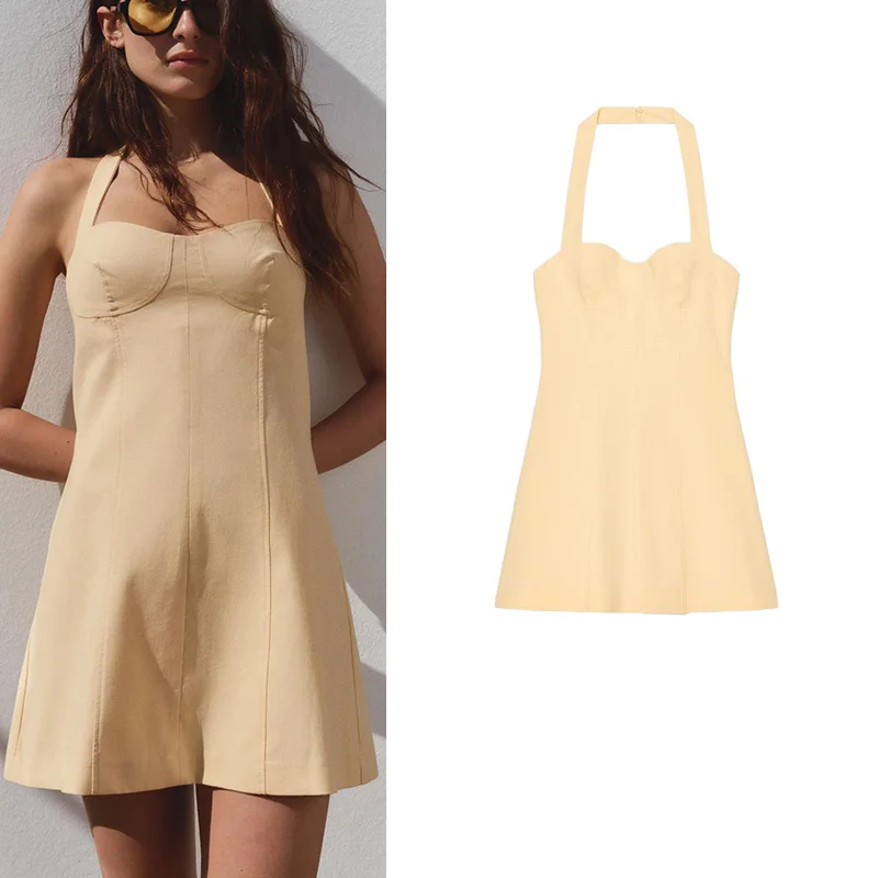 Summer New Simple ort Heart-aped Collar Hanging Neline Rer Dr High Waist A-Line Skirt Sle No-Sve Women's Dr