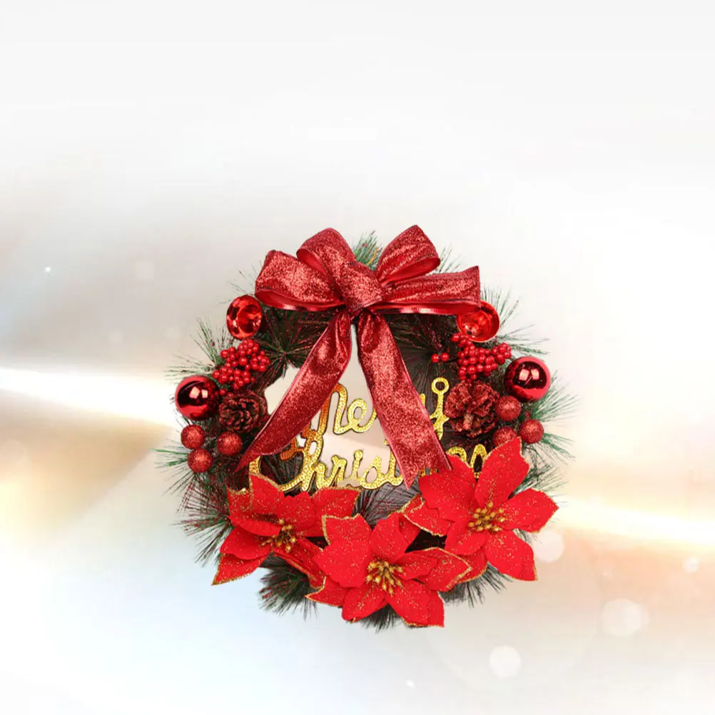 

Christmas Artificial Pine Wreath Red Simulated Pine Cone Berry Ball Bow-Knot Flower Hanging Decor for Home Party Wall Door