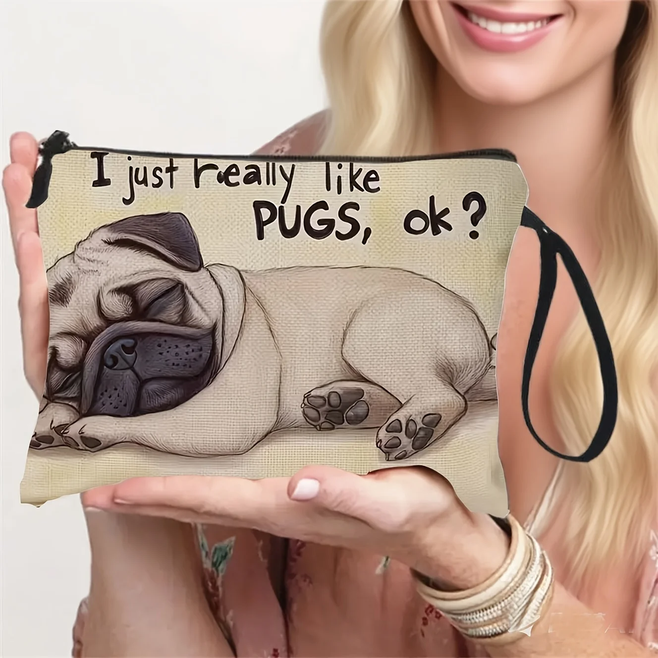 Cute Sleeping Pug Makeup Bag with band & 