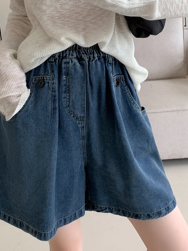 

High Waist Wide Leg Short Jeans Women's Summer Loose Fit Elastic Waist Slimming Blue Denim Casual Style Five-Quarter L...