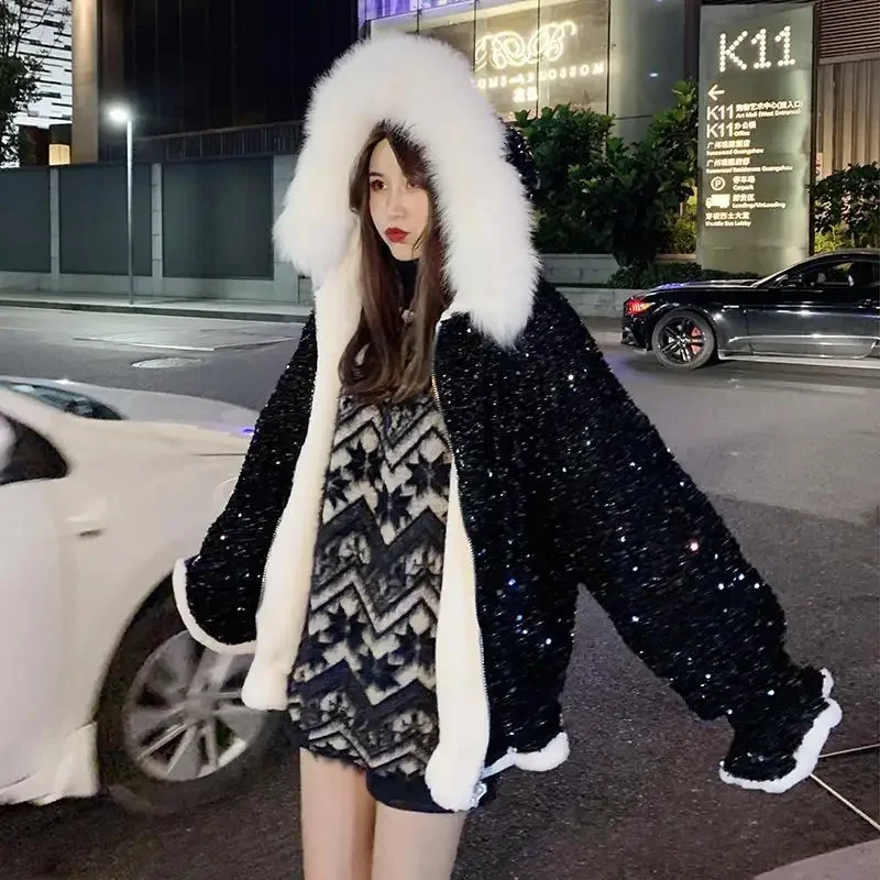 Parka da donna New Fashion coreano inverno paillettes spesse cerniera solida sciolto dolce pieno mantieni calde parka per ragazze piccolo fresco