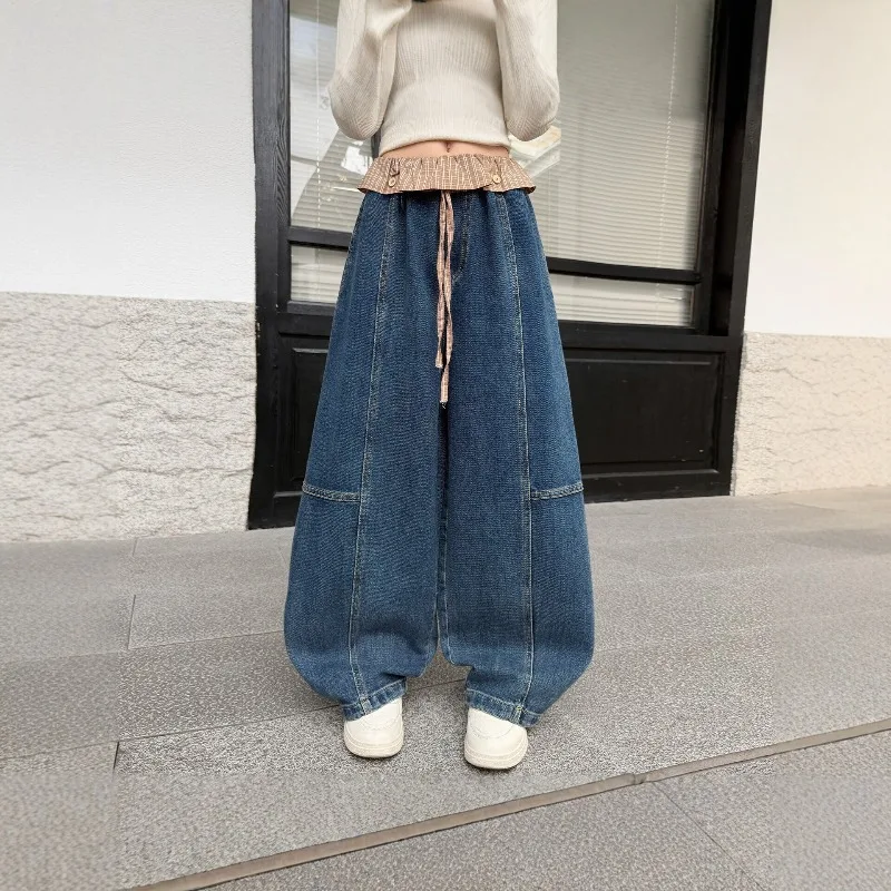 Girls' fake two piece checkered waist jeans, spring and autumn new style, loose wide leg pants hanging casual pants