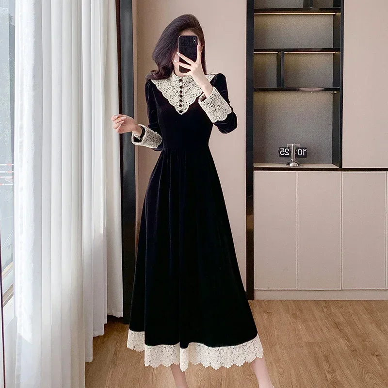 French Hepburn Style Black Dresses Women Retro Lace Patch Stand Collar Long Sleeve Velvet Vestido Fashion Feminine Elegant Dress