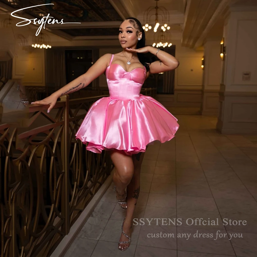 

SSYTENS Sexy Pink Satin Mini Prom Dresses Spaghtti Straps Birthday Party Gowns Short A Line Puffy Vestidos De Fiesta Customized