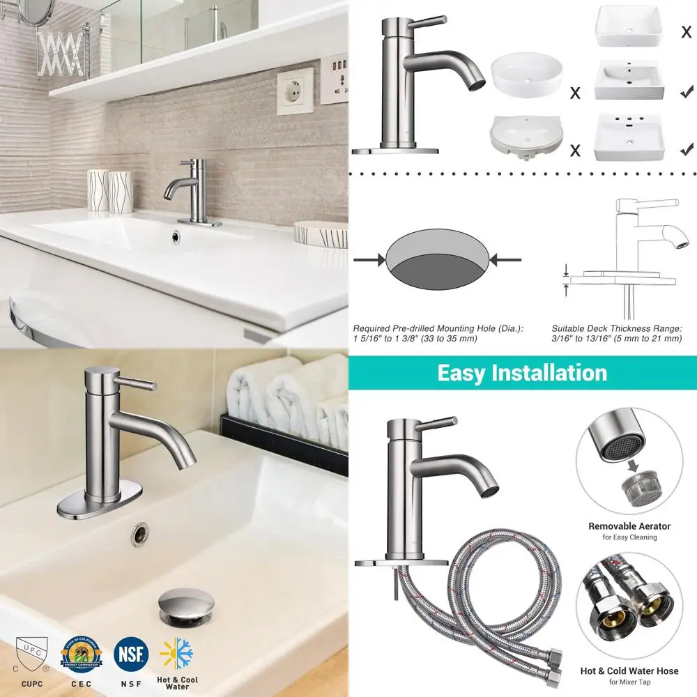 

Nickel Single Handle Vessel Sink Faucet with Pop-Up Drain, Deck Mount, 1 or 3 Holes, CUPC/NSF/CEC Certified