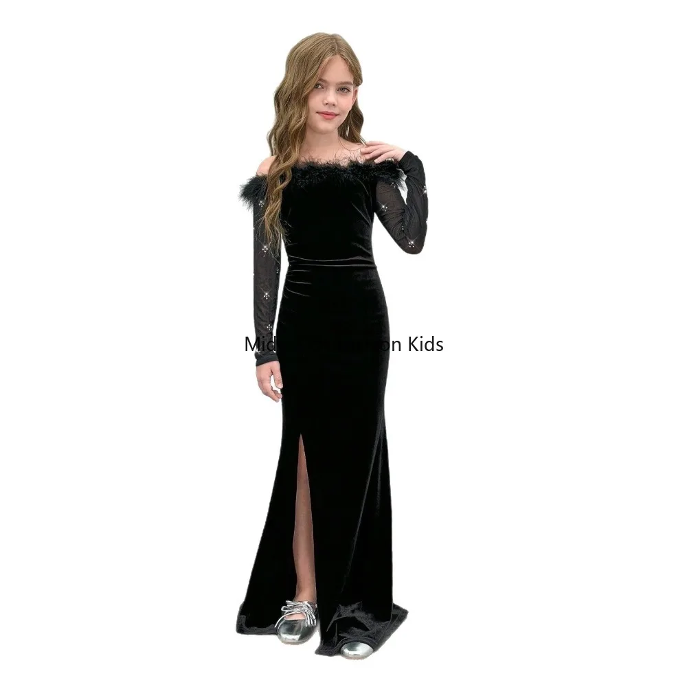 2026 New Girls Velvet Off Shoulder Long Sleeve Maxi Dress, Feather Neck Formal Party Gown 130-160cm