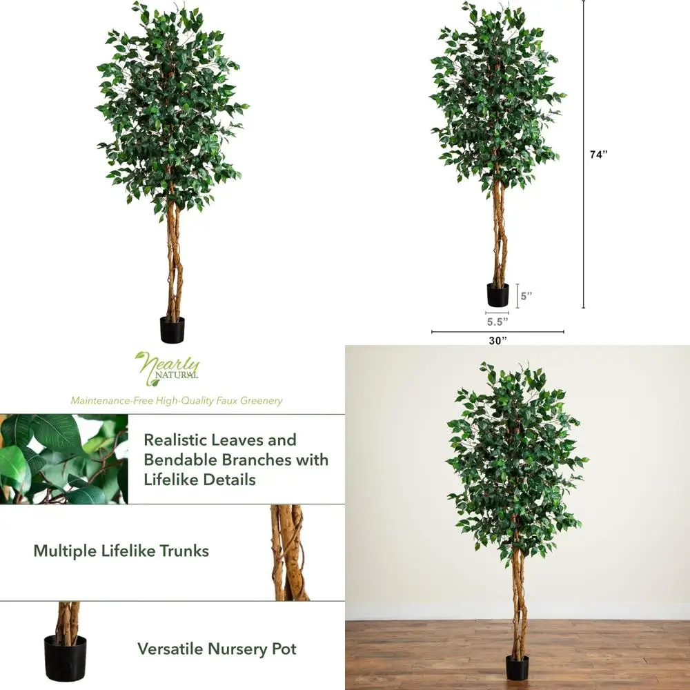 

Artificial Ficus Tree 74 Inches Tall with Natural Wood Trunks, Indoor Home Decor, Faux Ficus Tree for Living Spaces