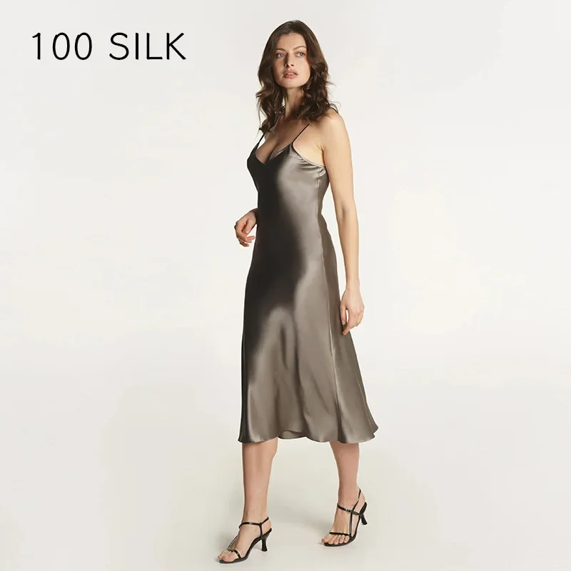 100% Silk V-neck Midi Dress Women Sleeveless Sling Dresses Summer Female Sexy Fishtail Dress Camisole Homewear Slip Nightdress