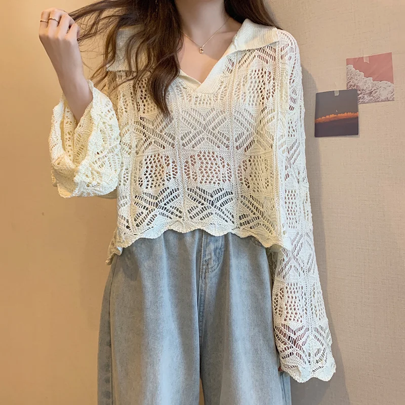 Summer Vintage Hollow Chic Bohemian Sweater Pullovers Cute Solid Turn-down Collar Long Sleeve Knitwears Korean Style Top Women